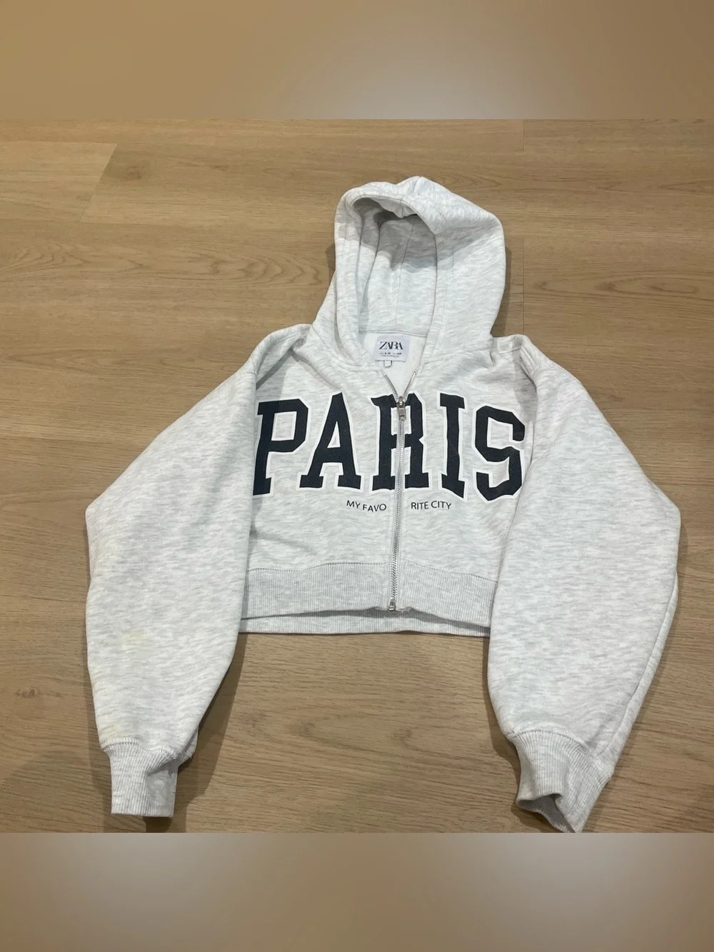 Zara Gray Hooded Zip-Up Jacket with PARIS Graphic
